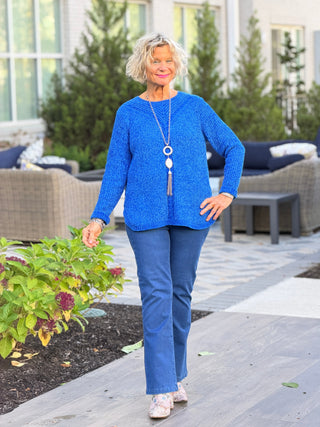 Women's Luster Chenille V-Neck Cable Sweater SAFFIRE Cathys Place