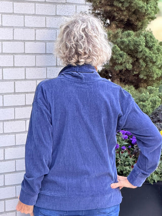 Women's Satin Drawstring Cowl Neck Velveteen Top NAVY Cathys Place