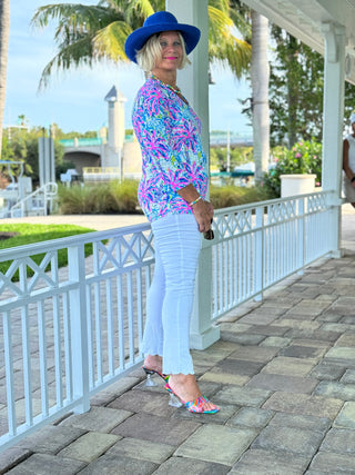 PINK PALM TREE V-NECK TOP - Cathys Place