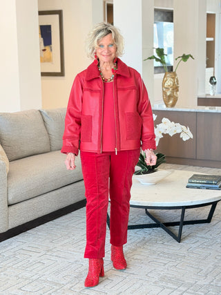 Women's Faux Leather Shearling Zip Front Jacket RED Cathys Place
