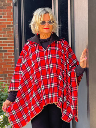 Flannel Plaid Zip Front Poncho RED AND BLACK