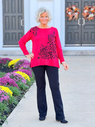 Women's Floral Placement Eyelash Sweater RED Cathys Place