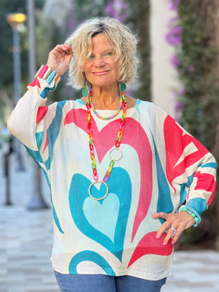 Beige Heart Round Knit Printed Sweater Cathys Place