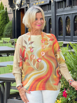 Cream Fall Leaves Round Neck Knit Printed Sweater