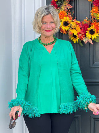 LULU-B EMERALD CASHMERE FRINGE FANCY CARDIGAN LULU-B