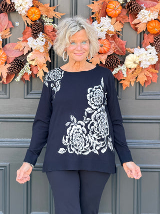 Women's Floral Placement Eyelash Sweater BLACK Cathys Place