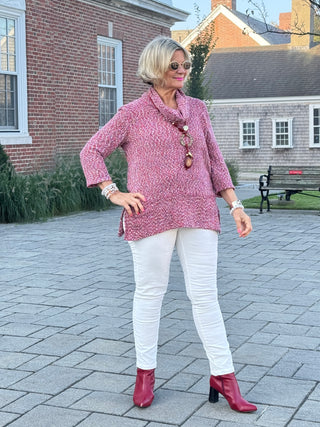 Women's Cowl Neck Spacedye Chenille Knit Top CHERRY