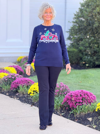 Women's Christmas Truck Print Boat Neck Knit Top Cathys Place