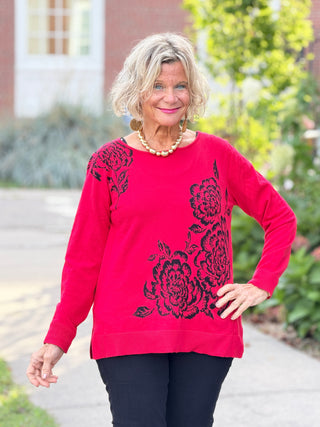 Women's Floral Placement Eyelash Sweater RED Cathys Place