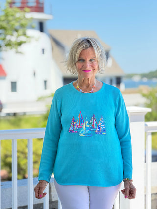 BEACH CLUB AQUA SAILBOAT SWEATER LULU-B
