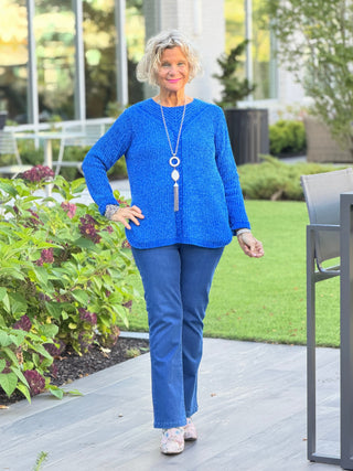 Women's Luster Chenille V-Neck Cable Sweater SAFFIRE Cathys Place