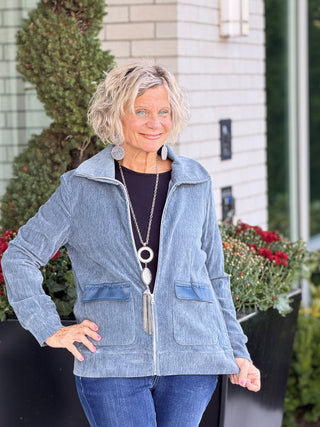 Women's Portrait Collar Velveteen Zip Front Jacket SLATE Cathys Place