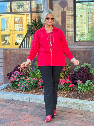 Crystal Zipper Cardigan with Collar Red