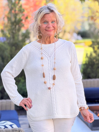 Women's  White Luster Chenille V-Neck Cable Sweater Cathys Place