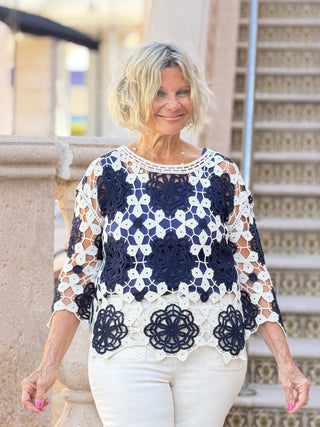 Cotton Crochet Flower Top- MARINE NAVY CHARLIE B