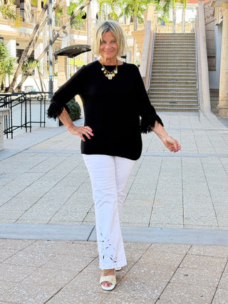 LULU-B BLACK SCOOP NECK FRINGE FANCY SWEATER LULU-B