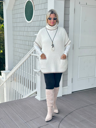 Colored Edge Solid Sleeveless Pocket Sweater Cream