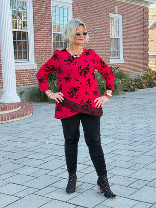 Women's Floral Flocked Texture Lace Trim Top Red Cathys Place