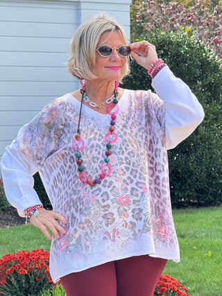 LEOPARD/FLORAL PRINT V-NECK SWEATER