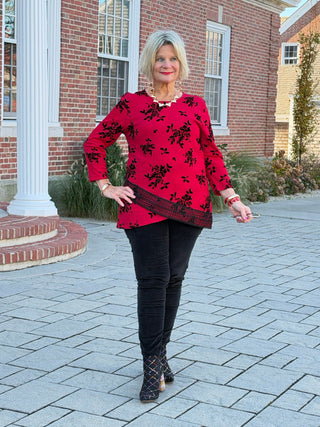 Women's Floral Flocked Texture Lace Trim Top Red Cathys Place