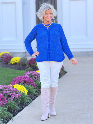Women's Luster Chenille V-Neck Cable Sweater SAFFIRE Cathys Place