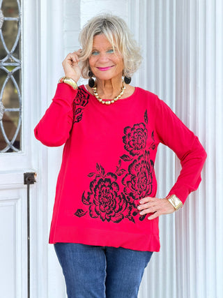 Women's Floral Placement Eyelash Sweater RED Cathys Place