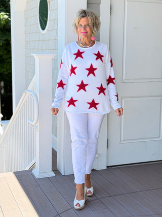 LULU B DOCKSIDE WHITE RED STAR FUZZY SWEATER LULU-B