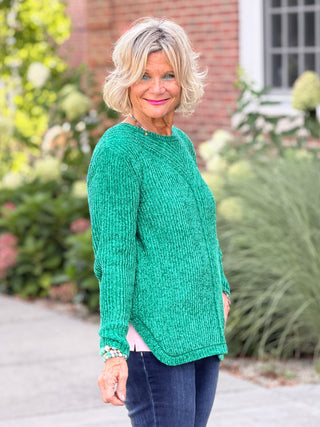 Women's Luster Chenille V-Neck Cable Sweater EMERALD Cathys Place