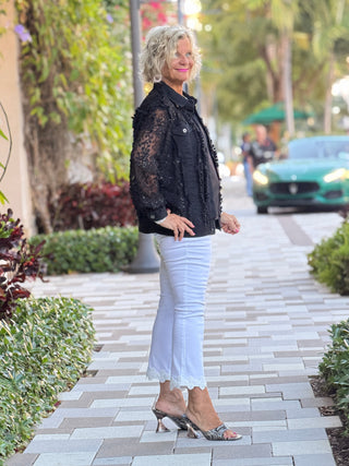 Cropped Flare Twill Jeans With Floral Lace Hem CHARLIE B