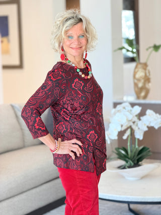 Women's Floral Flocked Texture Lace Trim Top Red Cathys Place