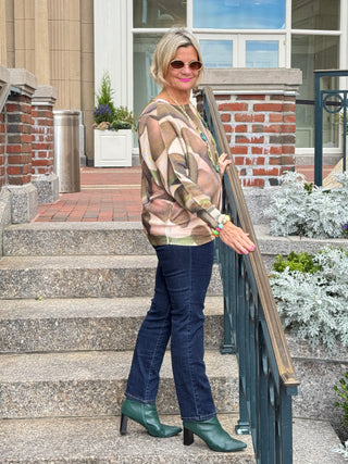 VIABS Olive Abstract Round Neck Knit Printed Sweater