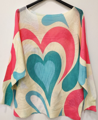 Beige Heart Round Knit Printed Sweater