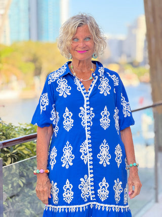 Geometric Collar Button Front Short Puff Sleeve Mini Dress 1 the Woman