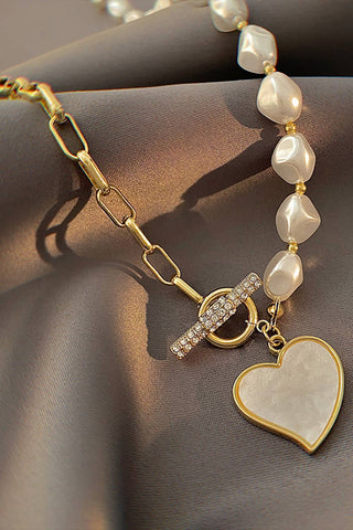 LDC Heart Pendant Rhinestone Decor Pearl Chain Necklace