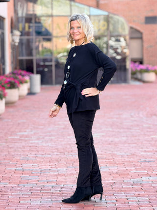 Women's Rib Knit Boat Neck Side Tie Top BLACK Cathys Place