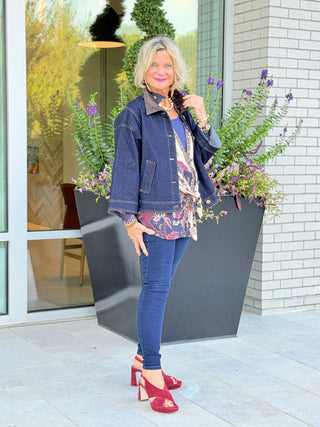 Women's Denim Faux Leather Collared Capelet Jacket Cathys Place