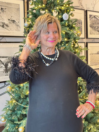 LULU-B BLACK SCOOP NECK FRINGE FANCY SWEATER