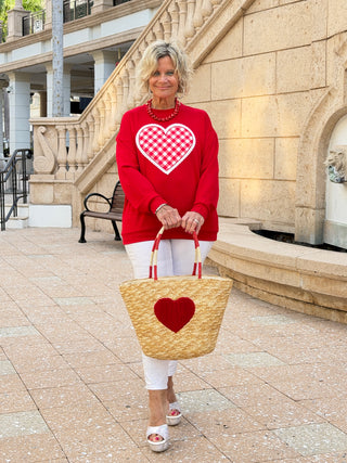Faux Straw Heart Tote BAg