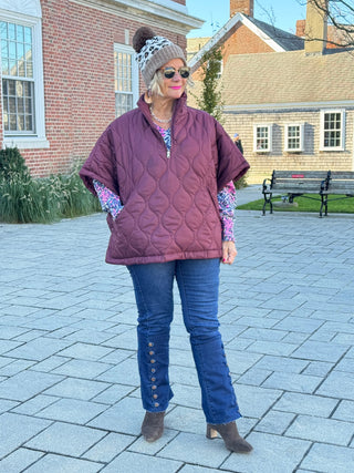 Quilted Short Sleeves Puffer Pullover Poncho Burgundy Cathys Place