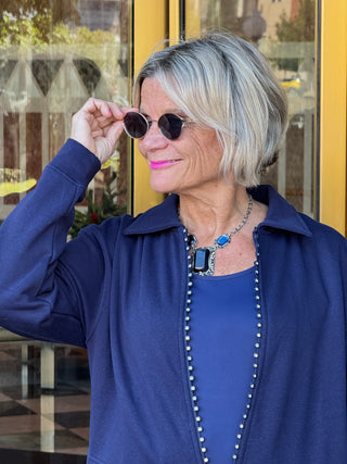 Crystal Zipper Cardigan with Collar Navy