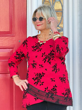 Women's Floral Flocked Texture Lace Trim Top Red Cathys Place