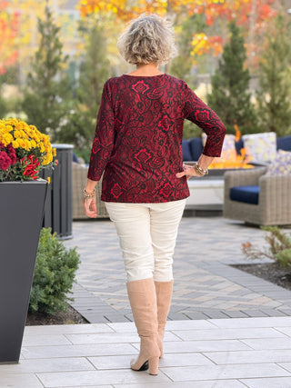 Women's Floral Flocked Texture Lace Trim Top Red Cathys Place