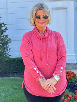 Women's Cowl Neck Cozy Hatchi Drawstring Top CHERRY