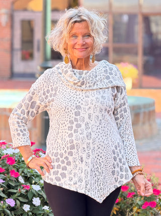 Women's Split Cowl Neck Animal Jacquard Chenille Top IVORY Cathys Place