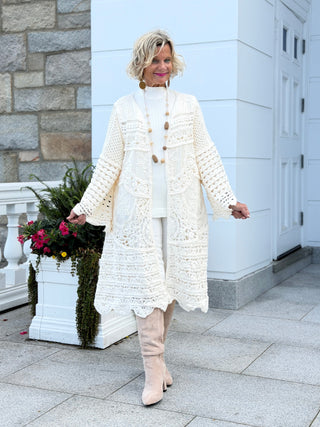 CROCHET CREAM LONG CARDIGAN Cathys Place