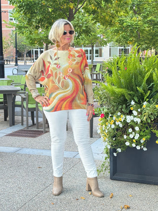 Cream Fall Leaves Round Neck Knit Printed Sweater