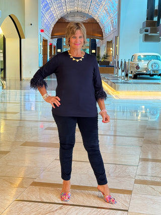 LULU-B NAVY CASHMERE SCOOP NECK FRINGE TOP