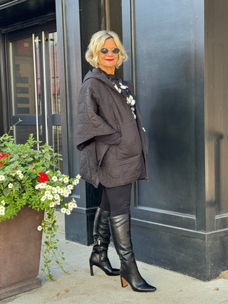 Oversize Quilted Puffer Hood Cape Poncho BLACK
