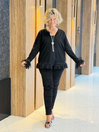 LULU-B  BLACK CASHMERE FRINGE FANCY CARDIGAN