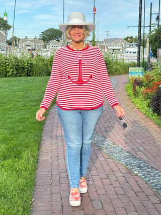 RED AND WHITE STRIPE ANCHOR SWEATER SHIPS WEEK OF AUGUST 25TH